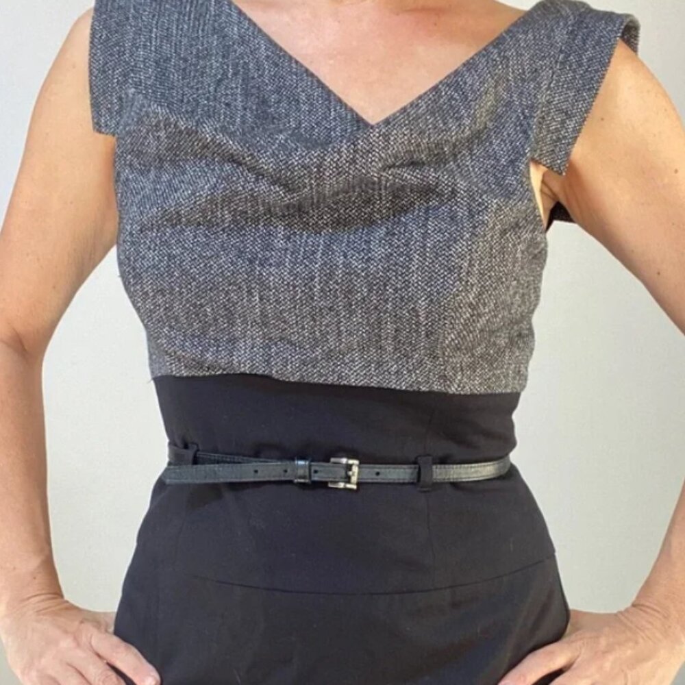 Black Halo Jackie O sleeveless tweed two-tone belted sheath dress -Size 6